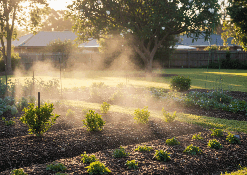 Thriving Brisbane winter garden with neatly mulched beds, featuring ornamental plants and vegetables, emphasizing health and protection through mulching.