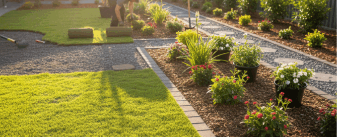 Suburban Caboolture backyard undergoing a spring garden makeover, with freshly laid turf, new plants, and mulched beds under warm sunlight.