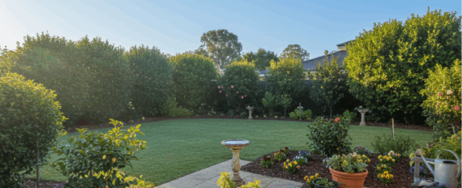 Lush, neat Brisbane backyard garden under bright, cool winter sunshine, showcasing a winter garden makeover and renewal.