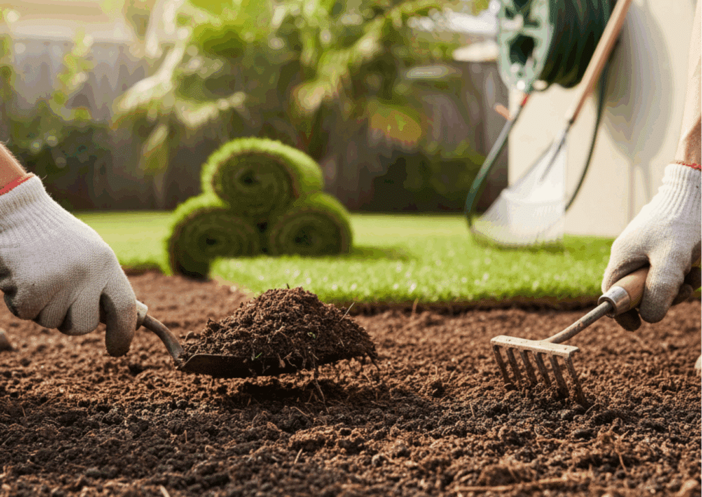 Detailed close-up of a landscaper's hands preparing dark, rich soil for turf installation, emphasizing healthy garden foundation.
