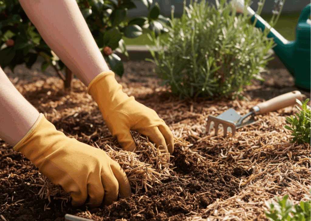 Close-up of gloved hands turning soil and spreading organic mulch in a Brisbane garden, emphasizing winter soil preparation and health.