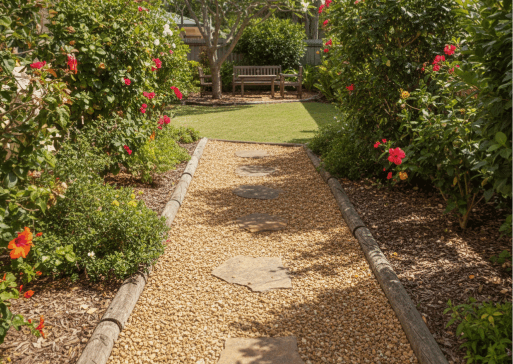 Detailed photo of a rustic garden pathway made of warm-toned crushed granite, bordered by lush shrubs and flowering plants.
