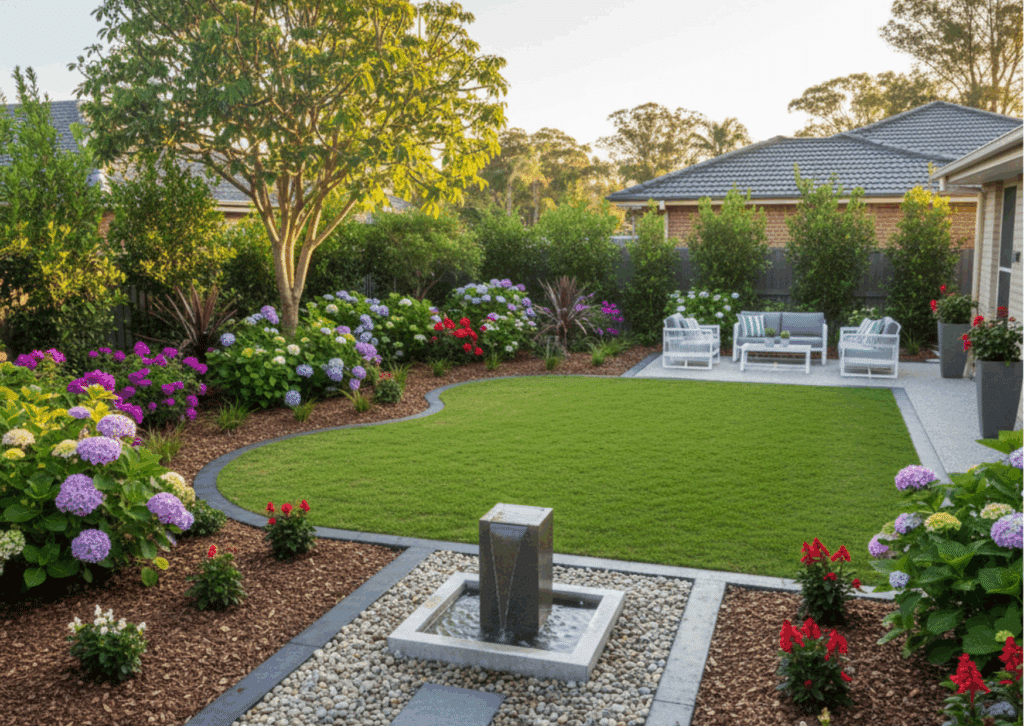 Beautifully finished Brisbane garden featuring lush green turf, stone pathways, and mulched beds on a clear spring afternoon.