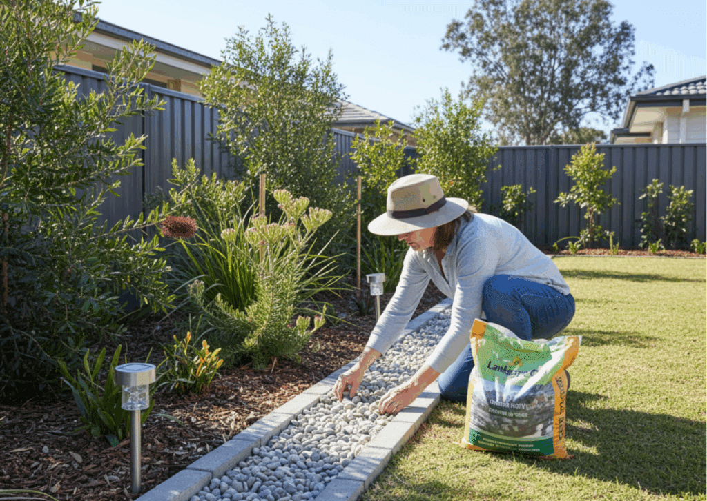 Homeowner arranging decorative gravel for a path in a sunny Brisbane backyard, demonstrating a DIY winter landscaping project.