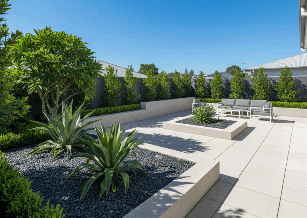 Contemporary garden scene featuring charcoal decorative gravel around geometric beds and feature plants, creating a sleek, modern look.