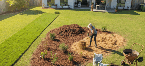 Woman mulching a new garden bed in a sunny backyard.