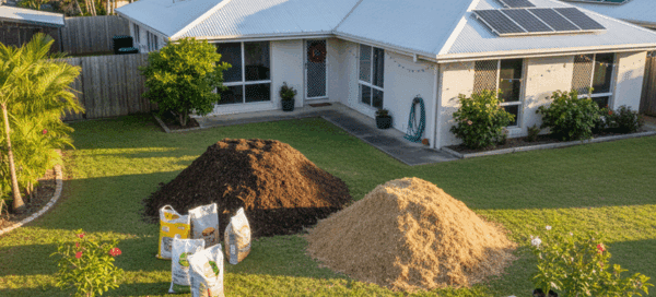 Garden supplies, mulch piles, and turf rolls arranged in a backyard.