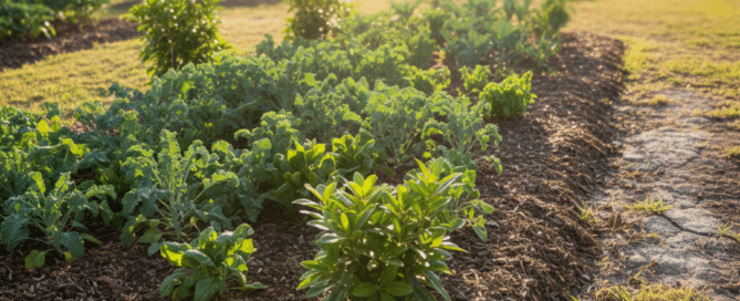 Mulched garden bed with lush green plants beside dry bare soil in summer sun.