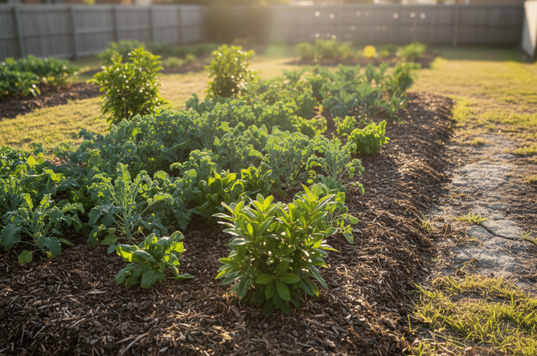 Mulched garden bed with lush green plants beside dry bare soil in summer sun.