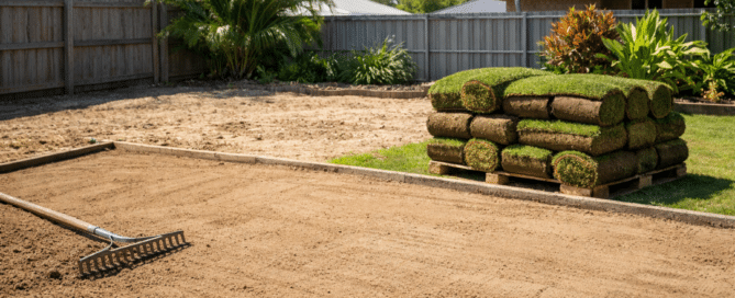Freshly levelled lawn area with stacked turf rolls ready for installation in a sunny Queensland backyard.