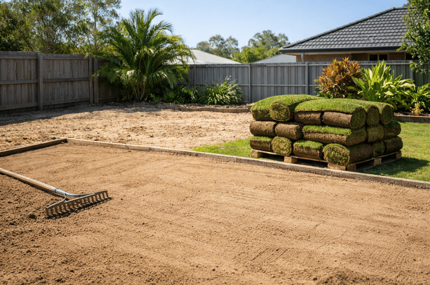 Freshly levelled lawn area with stacked turf rolls ready for installation in a sunny Queensland backyard.