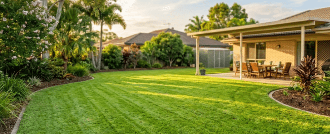 A well-maintained backyard with a lush green lawn, landscaped garden beds, and a covered patio with outdoor seating.
