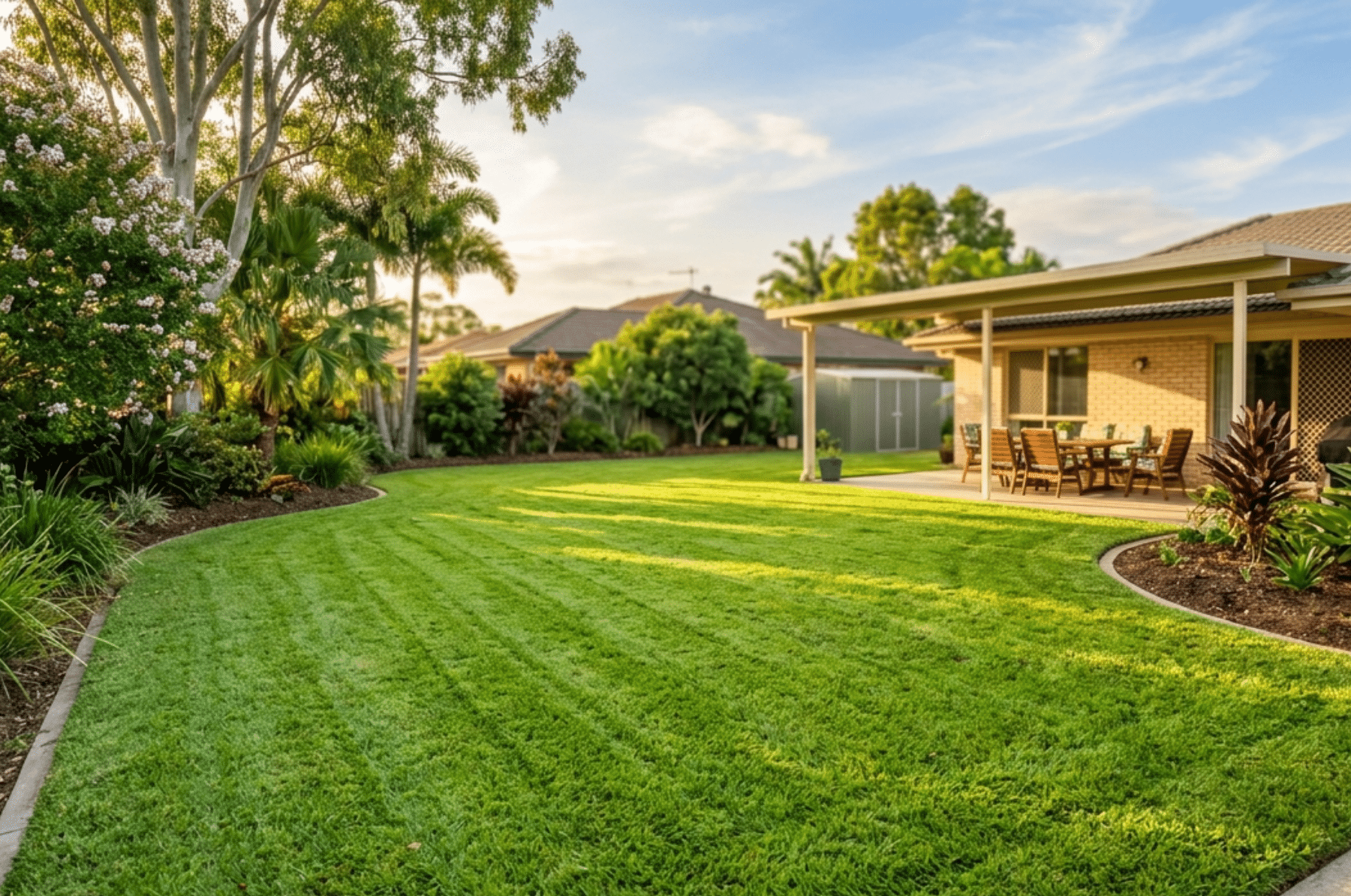 A well-maintained backyard with a lush green lawn, landscaped garden beds, and a covered patio with outdoor seating.