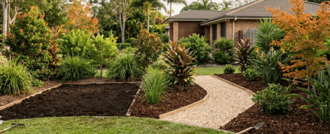 Landscaped suburban garden with a winding gravel path, fresh mulch beds, and a newly prepared soil patch in the foreground.