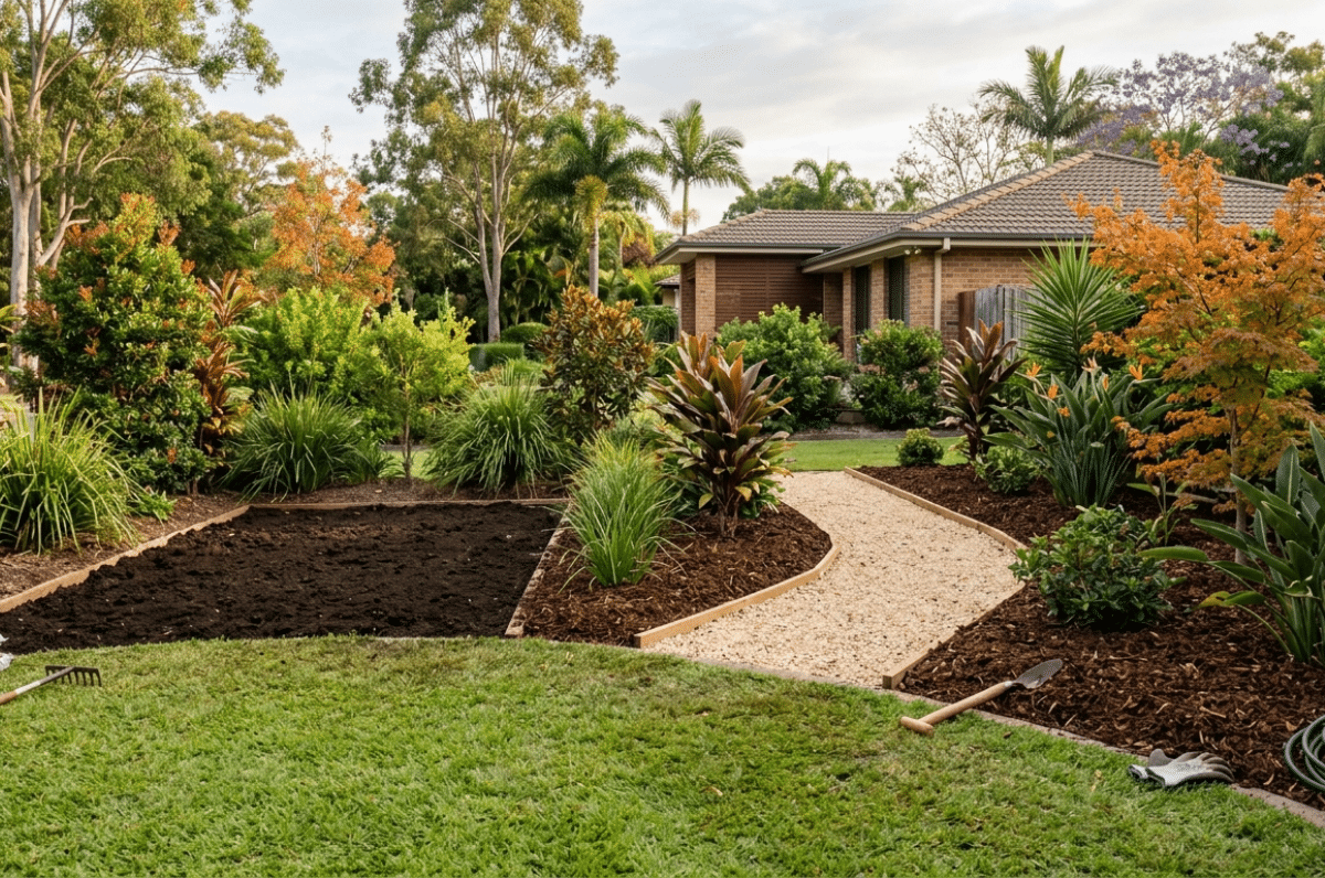 Landscaped suburban garden with a winding gravel path, fresh mulch beds, and a newly prepared soil patch in the foreground.