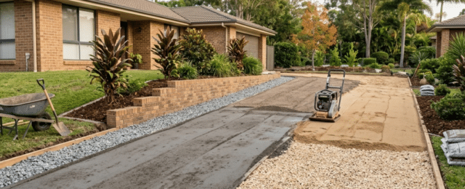 Driveway under construction with gravel base, compacting machine, and landscaping around a suburban home.