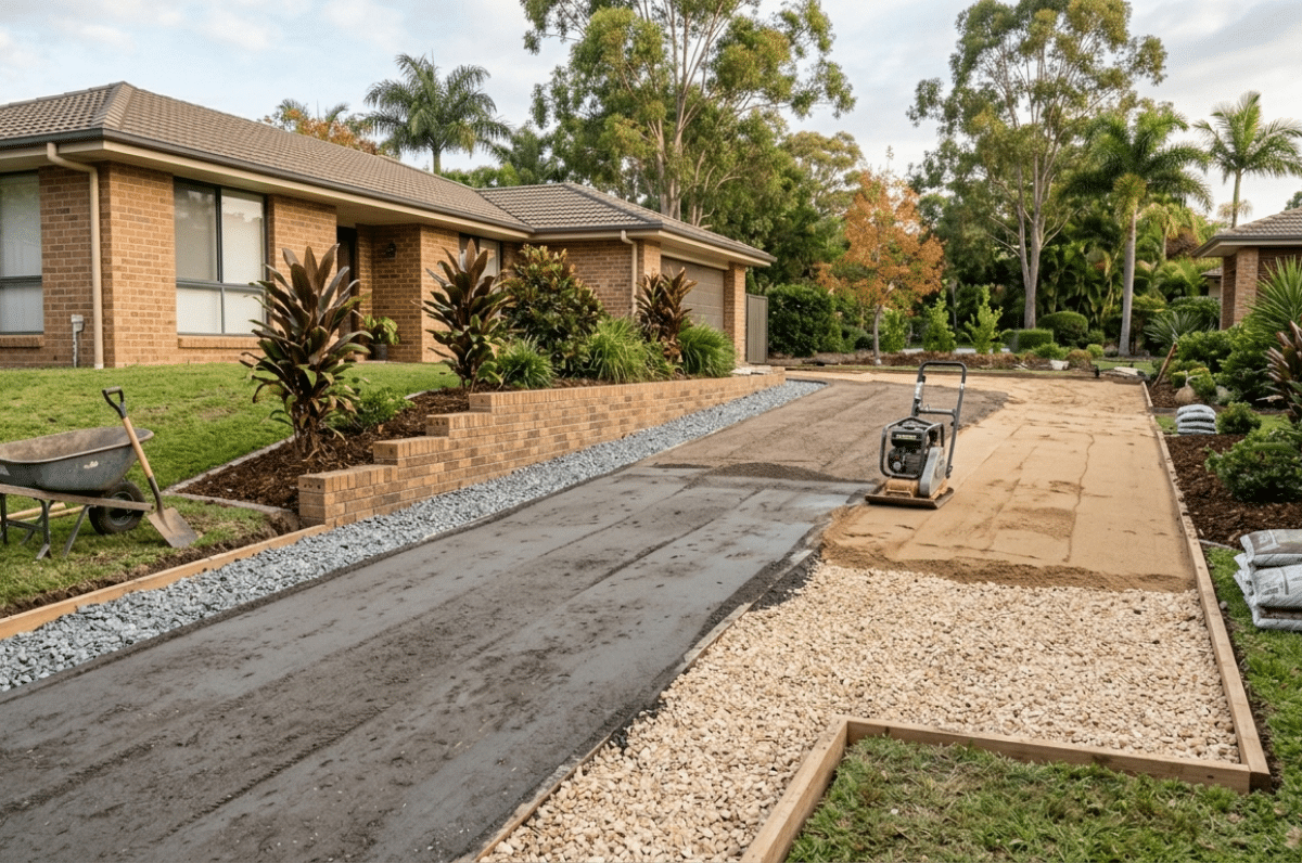 Driveway under construction with gravel base, compacting machine, and landscaping around a suburban home.