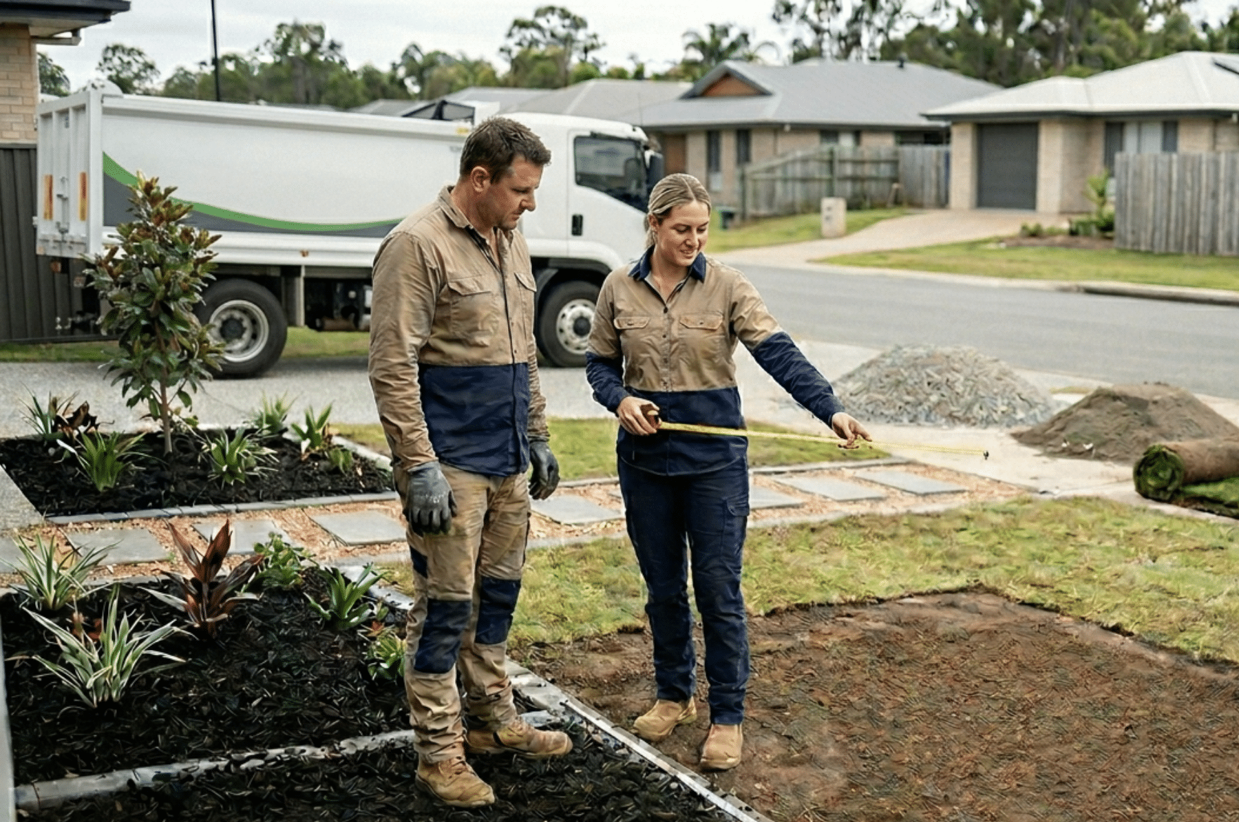 Two landscapers measuring a residential front yard for a new project.