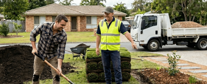 Man shovel-working during a winter yard makeover with landscape supplies in Caboolture.