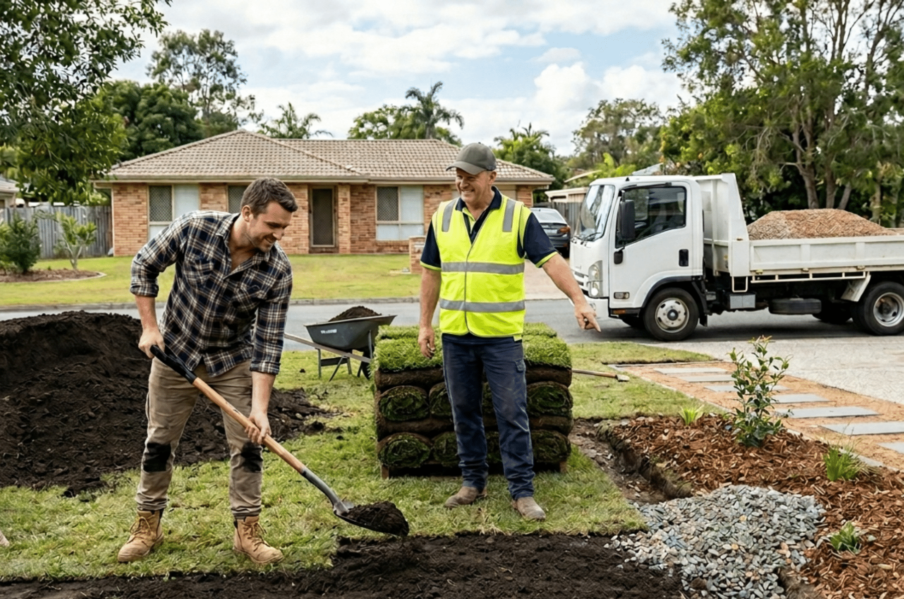 Man shovel-working during a winter yard makeover with landscape supplies in Caboolture.