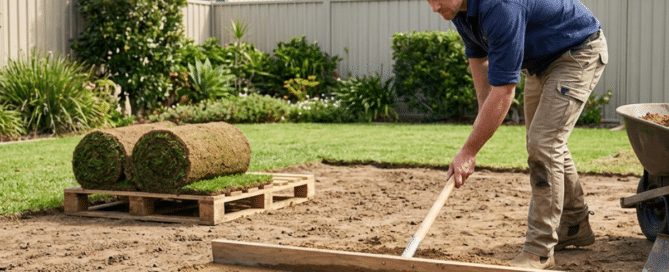 A man uses a wide level to spread sandy underlay soil, preparing a backyard for the rolls of turf waiting on a pallet.