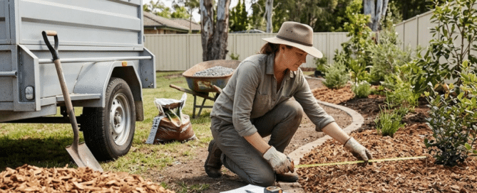 A woman measures a garden bed with mulch and a soil pile near a trailer in a Caboolture backyard.