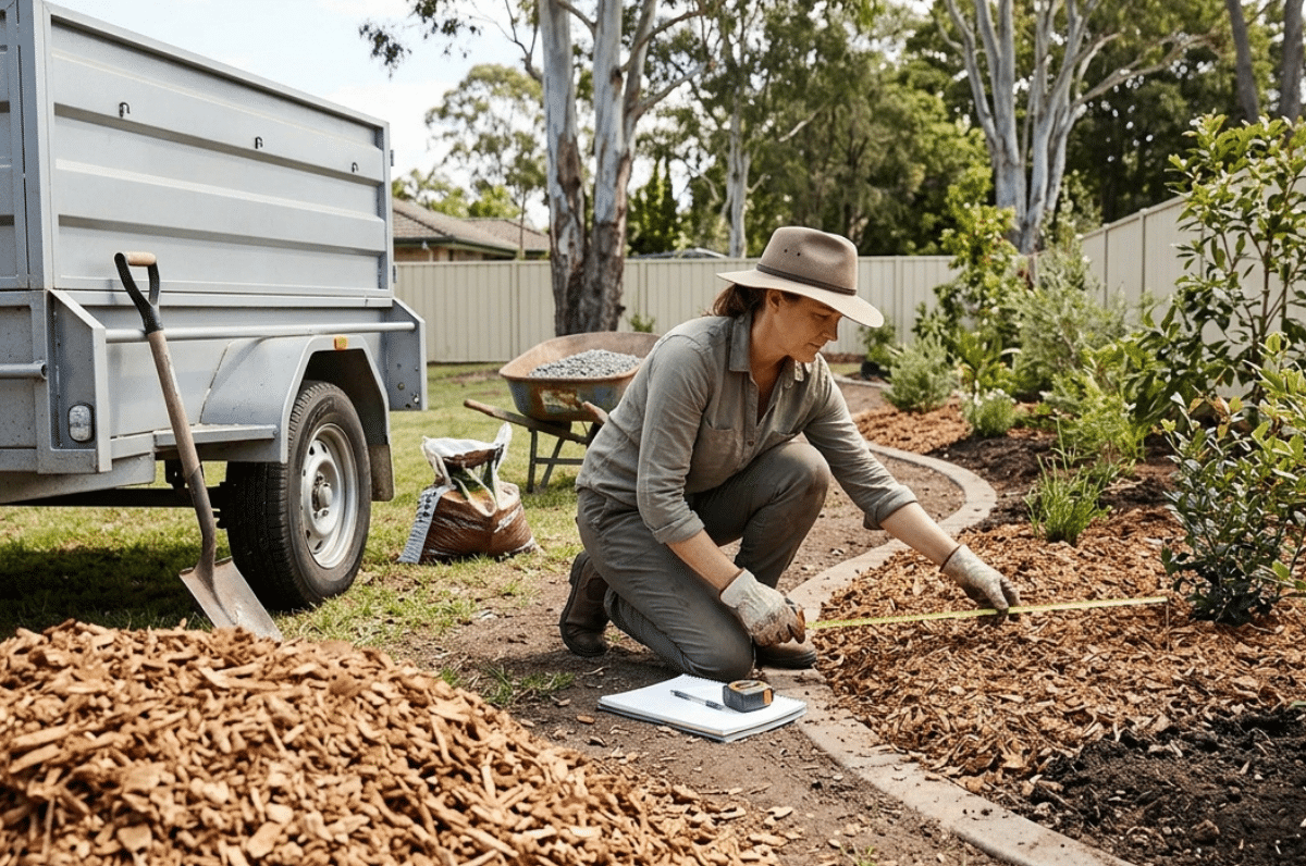 A woman measures a garden bed with mulch and a soil pile near a trailer in a Caboolture backyard.